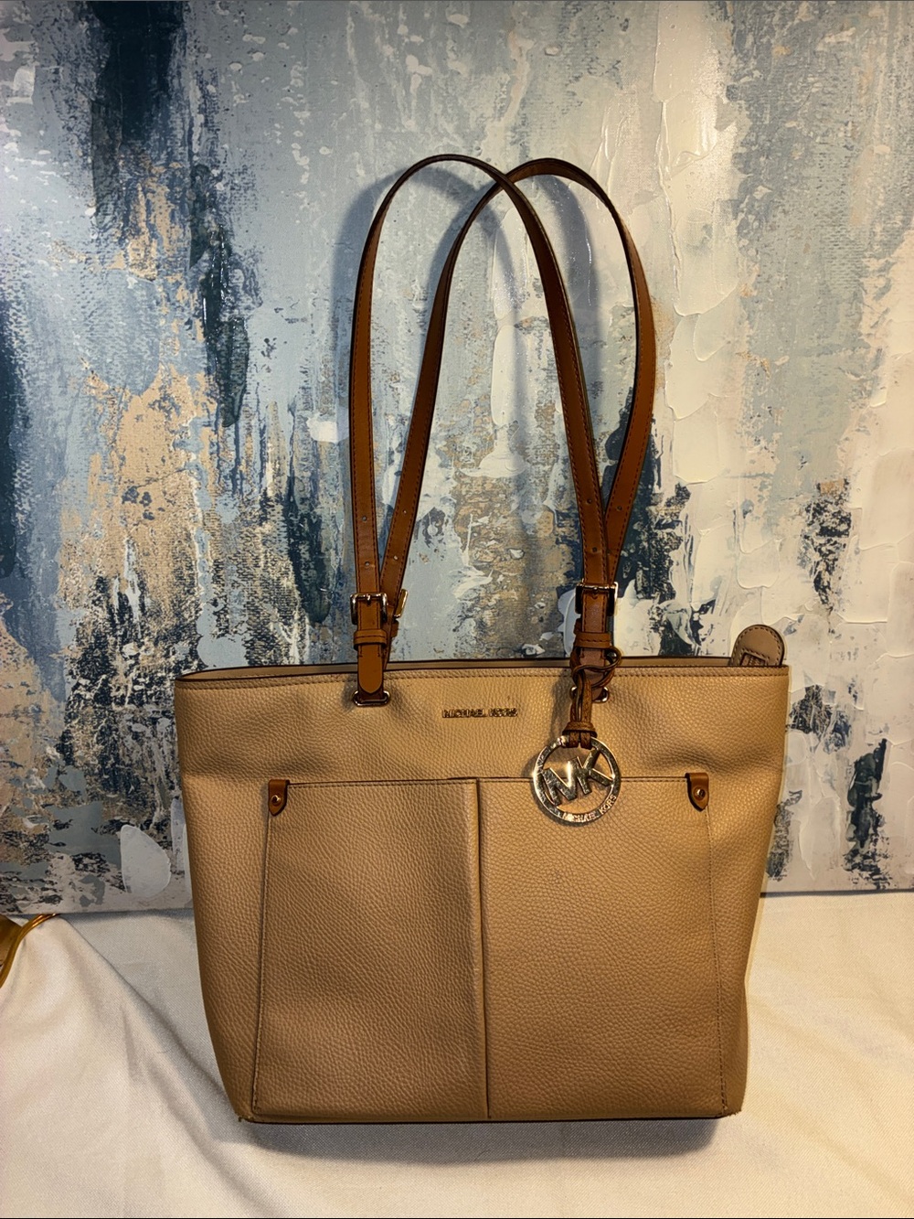 Genuine Michael Kors Beige JET SET Tote Cognac Leather Trim